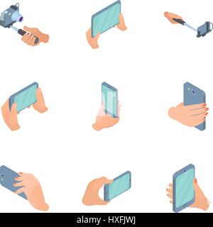 Selfie stick icons set, cartoon style Stock Vector