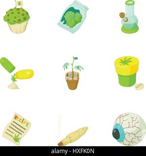 Marijuana icons set, cartoon style Stock Vector