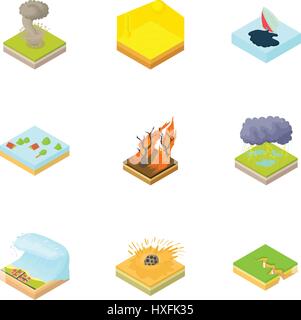 Natural accident icons set, cartoon style Stock Vector