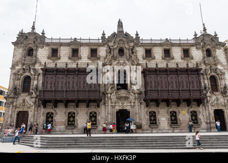 Beautiful wood carved balconies of the Archbishops Palace in Historic Centre. Lima, Peru. Stock Photo