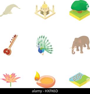 Attractions of India icons set, cartoon style Stock Vector