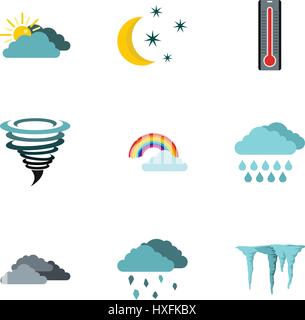 Weather forecast icons set, flat style Stock Vector