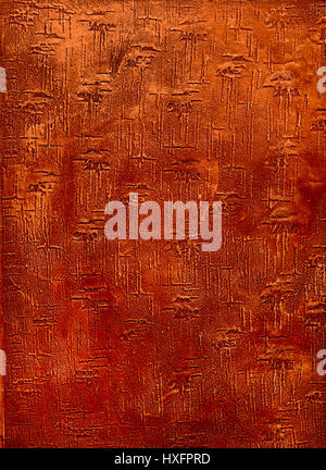 Abstract wall background of bright red ocher colour and relief structure of vertical lines and smudges Stock Photo