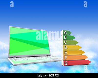 Laptop with energy efficiency chart, 3D rendering isolated on white ...