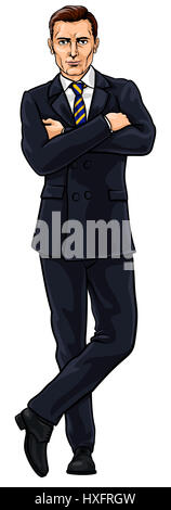 A handsome business man in a suit standing with arms folded Stock Photo