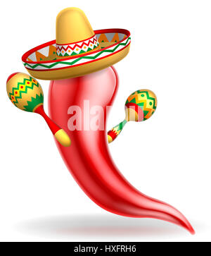 A Mexican red chilli pepper cartoon character wearing a sombrero straw hat and holding maracas shakers Stock Photo