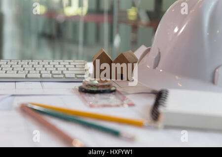 Engineer or architect Office desk background construction project ideas concept, With drawing equipment Stock Photo