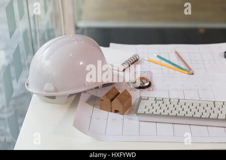 Engineer or architect Office desk background construction project ideas concept, With drawing equipment Stock Photo