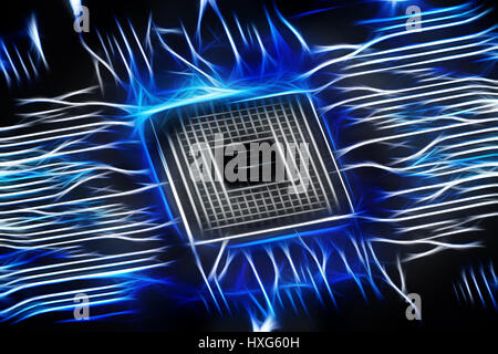 Blue glowing cpu on motherboard, computer generated abstract background, 3D rendering Stock Photo