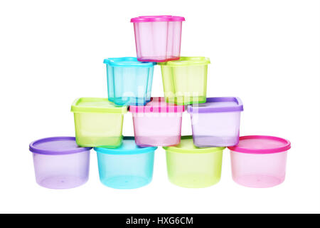 Stack of Colourful Plastic Containers on White Background Stock Photo