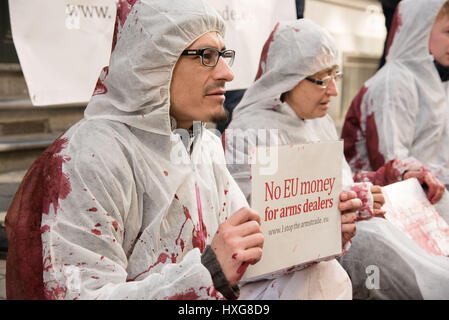 Brussels, Belgium. 28th Mar, 2017. Peace activists protest at EU workshop for arms dealers at the EDA in Brussels. Credit: Frederik Sadones/Pacific Press/Alamy Live News Stock Photo