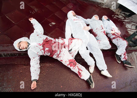 Brussels, Belgium. 28th Mar, 2017. Peace activists protest at EU workshop for arms dealers at the EDA in Brussels. Credit: Frederik Sadones/Pacific Press/Alamy Live News Stock Photo