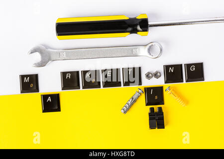 AI Marketing concept. Artificial intelligence concept with chatbot or robot, keyboard keys and tools. Stock Photo