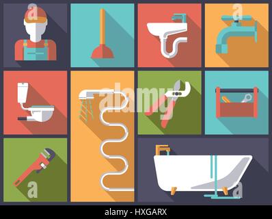 Horizontal flat design long shadow illustration with plumbing tools and sanitary facilities Stock Vector
