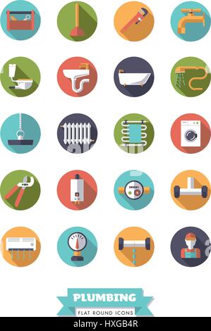 Collection of plumbing and sanitary facilities flat design long shadow icons in circles Stock Vector