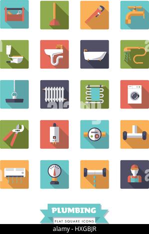 Collection of plumbing and sanitary facilities flat design long shadow icons in rounded squares Stock Vector