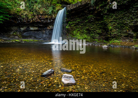 Sgwd Gwladus. The 'Lady's Falls' are formed where the Afon Pyrddin drops 20 ft (6 m) over a lip of the 'Twelve Foot Sandstone'. Stock Photo