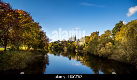 View from Victoria Bridge, Hereford. Overlooking the River Wye, featuring the Hereford Cathedral in the background. Stock Photo