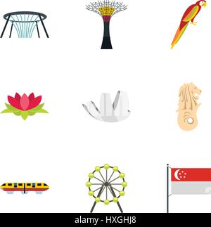Tourism in Singapore icons set, flat style Stock Vector