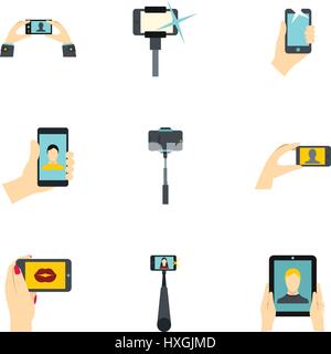 Shooting on cell phone icons set, flat style Stock Vector