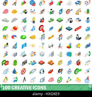 100 creative icons set, isometric 3d style Stock Vector