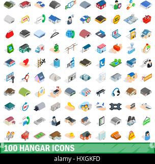 100 hangar icons set, isometric 3d style Stock Vector