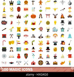 100 magic icons set, flat style Stock Vector