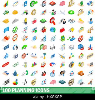 100 planning icons set, isometric 3d style Stock Vector