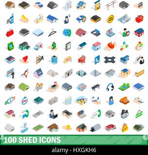 100 shed icons set, isometric 3d style Stock Vector