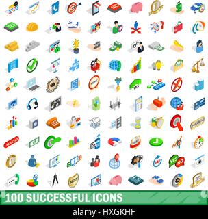 100 successful icons set, isometric 3d style Stock Vector