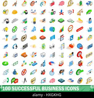 100 successful business icons set, isometric style Stock Vector
