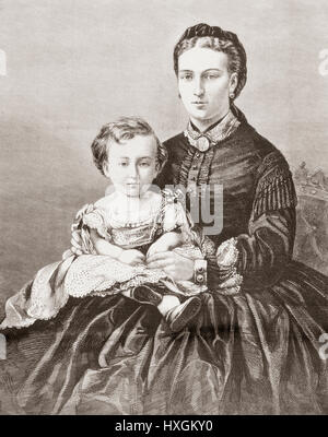 Alexandra of Denmark (1844 – 1925) seen here whilst still Princess of Wales, holding her son prince Albert-Victor.  Future Queen of the United Kingdom of Great Britain and Ireland and Empress of India as the wife of King-Emperor Edward VII. Prince Albert Victor, Duke of Clarence and Avondale,1864 – 1892.  From L'Univers Illustre published 1867. Stock Photo