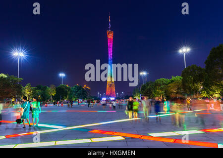 Guangzhou, China - October 4, 2016: Dusk view of the Canton tower as seen from the Flower Square in Guangzhou, China on Octover 4, 2016. Stock Photo