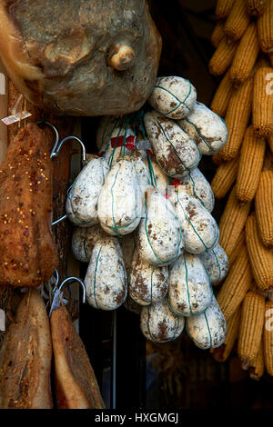 Traditional Norcineria shop selling Norcia salamis, Norcia, Umbria, Italy Stock Photo