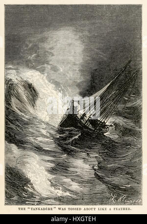 “The “Tankadere” was tossed about like a feather.” from ‘Around the World in Eighty Days’ by Jules Verne (1828-1905) published in 1873 illustration by Léon Benett (1839-1917) and engraving by Adolphe François Pannemaker (1822-1900). Stock Photo