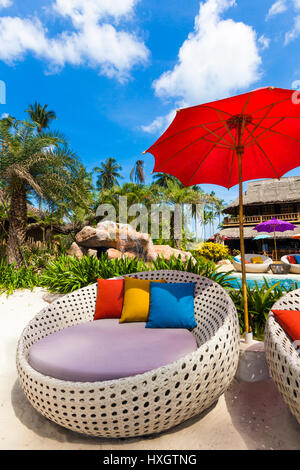 luxury hotel. chaise lounges on a terrace Stock Photo