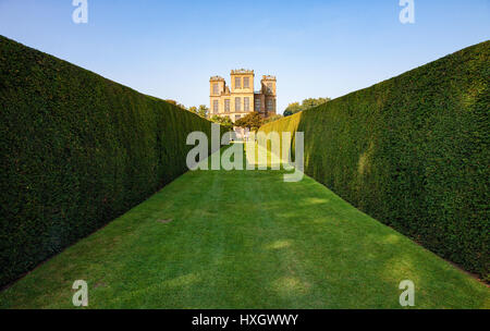 South aspect of Hardwick Hall in Derbyshire UK seen from the garden's long yew walk Stock Photo