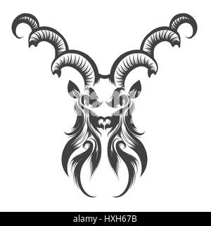 Engraving illustration of the Capricorn Head. Zodiac symbol isolated on white. Stock Vector