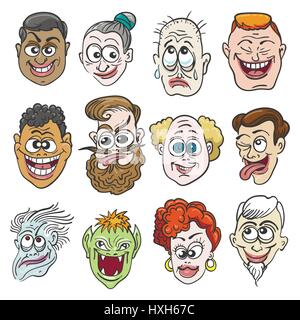 Doodle Faces Set in cartoon style. Twelve various emotions or face expressions. Vector illustration Stock Vector