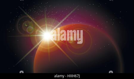 Star rise over the planet in the night sky space. Colorful Space background. Vector illustration Stock Vector