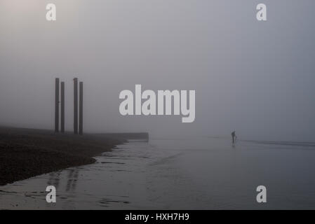 Photographer on seashore in fog, Brighton Stock Photo