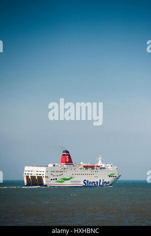 'Connecting Europe for a Sustainable Future' : The Stena Line Ferries passenger ferry leaving Fishguard harbour, Pembrokeshire, south west Wales, en route to Rosslare in the Irish Republic Stock Photo