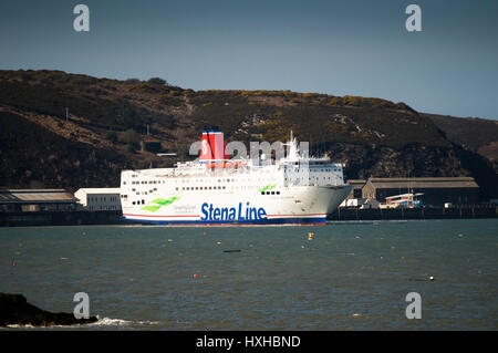 'Connecting Europe for a Sustainable Future' : The Stena Line Ferries passenger ferry leaving Fishguard harbour, Pembrokeshire, south west Wales, en route to Rosslare in the Irish Republic Stock Photo