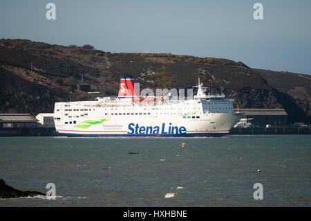 'Connecting Europe for a Sustainable Future' : The Stena Line Ferries passenger ferry leaving Fishguard harbour, Pembrokeshire, south west Wales, en route to Rosslare in the Irish Republic Stock Photo