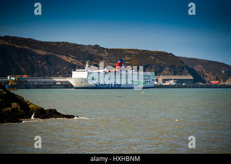 'Connecting Europe for a Sustainable Future' : The Stena Line Ferries passenger ferry leaving Fishguard harbour, Pembrokeshire, south west Wales, en route to Rosslare in the Irish Republic Stock Photo