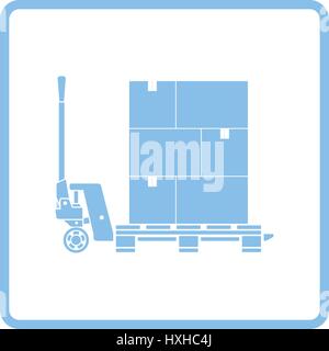 Hand hydraulic pallet truc with boxes icon. Blue frame design. Vector illustration. Stock Vector