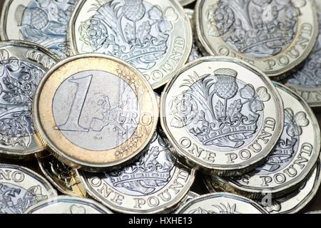 New British Pound Coin & the Euro Stock Photo