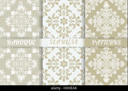Vector seamless pattern. Set of three luxury elegant textures of baroque style. Patterns can be used as background, fabric print, surface texture, wra Stock Vector
