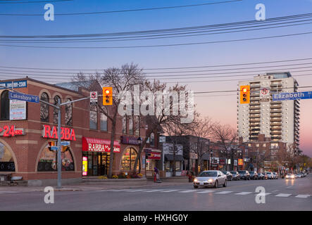 Storefronts and Lakeshore Road in downtown Port Credit, Mississauga, Ontario, Canada. Stock Photo