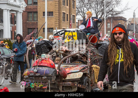 Detroit, Michigan - A Donald Trump character in the Marche du Nain Rouge. The Marche celebrates the coming of spring and banishes the Nain Rouge (Red  Stock Photo